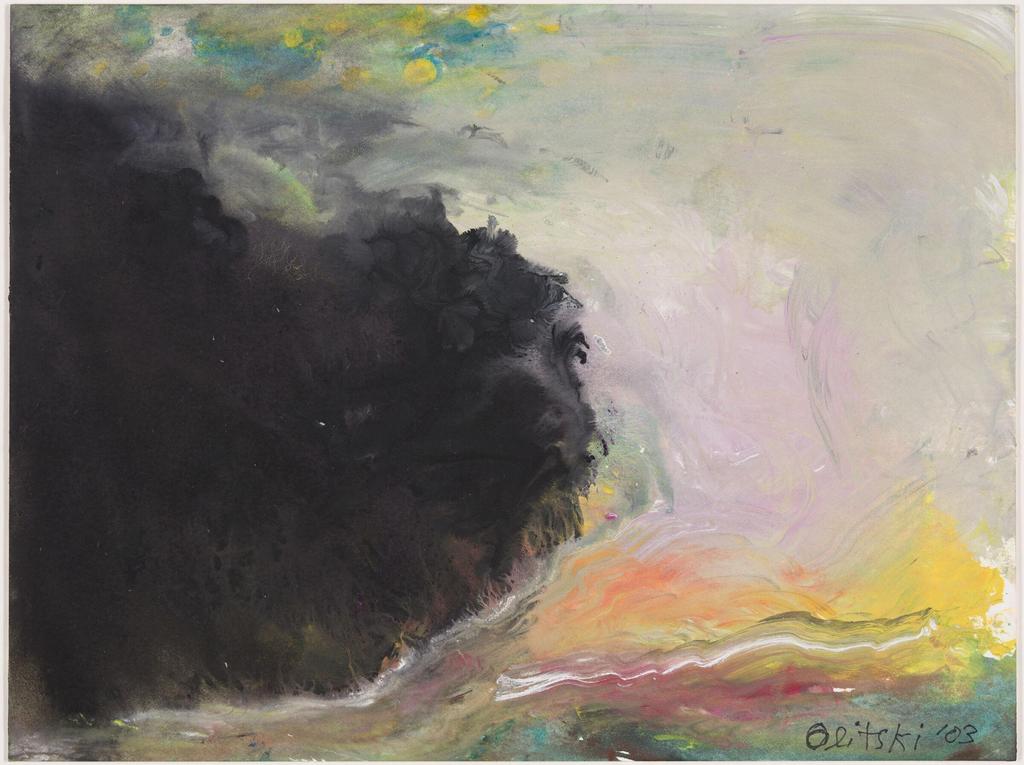 Close up of an abstract painting. A cloud of black intrudes on a swirl of pastel lavender, yellow, and white, indicative of the art displayed at Cambridge MA museums of history and fine art.