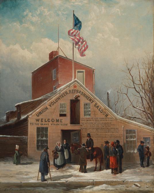 Painting of a school and the U.S. flag