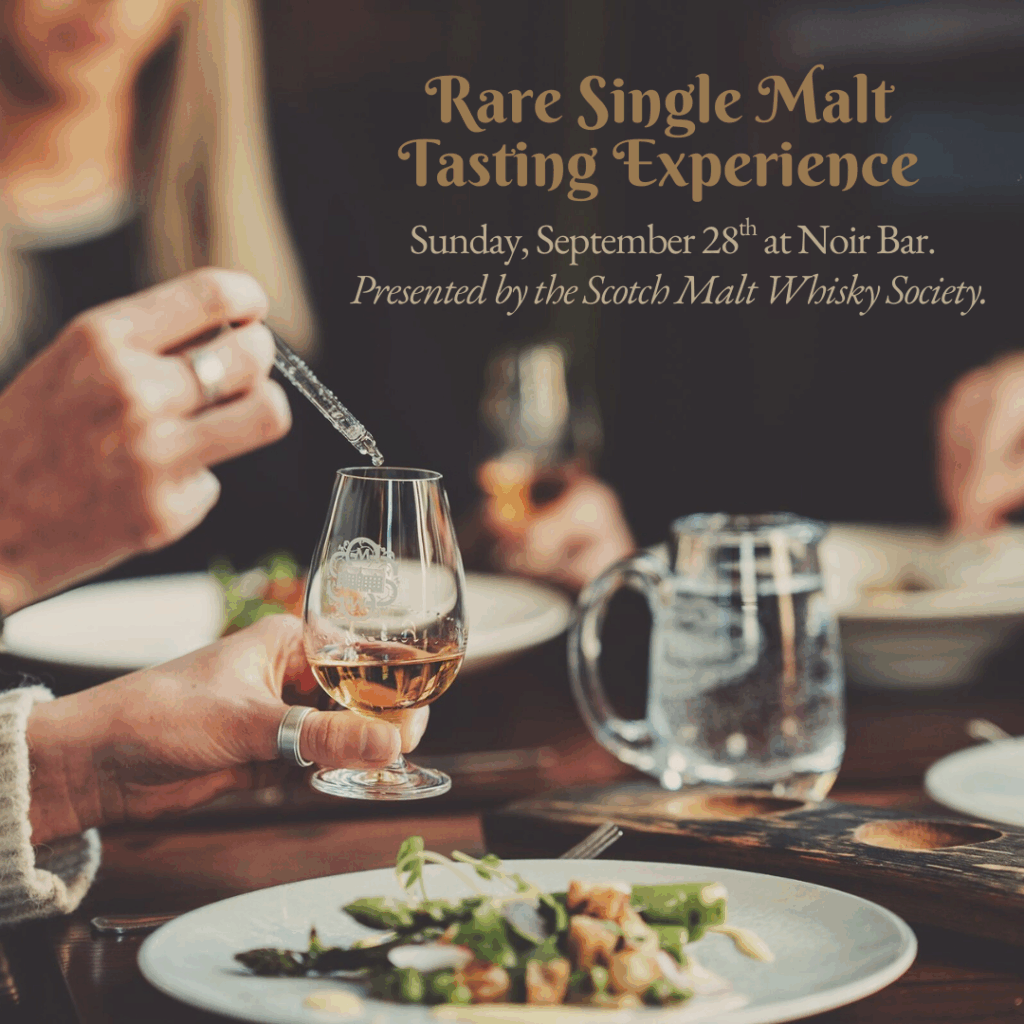 A photo of food and whiskey.