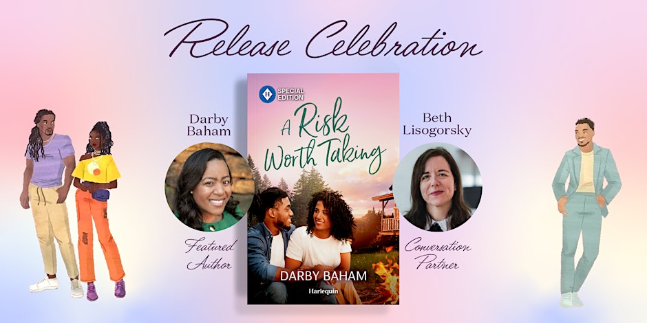 Flyer for romance book launch event.