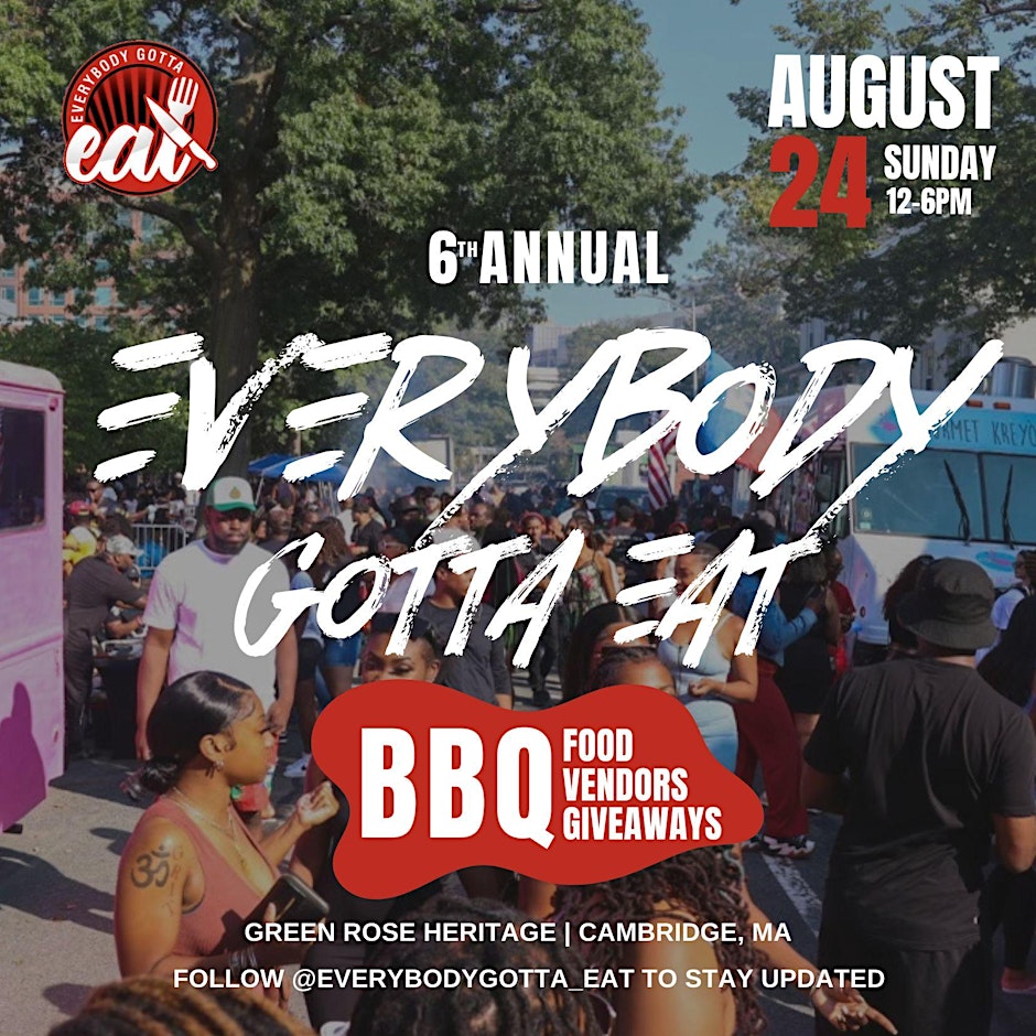 BBQ event flyer with people on the street walking to vendors.