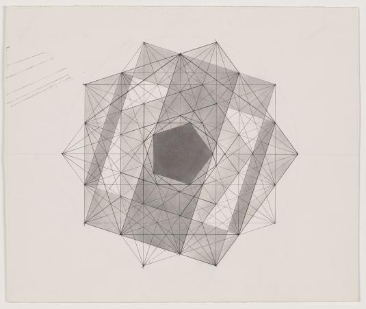 A pentagon with a rectangle over it drawn in black and white.