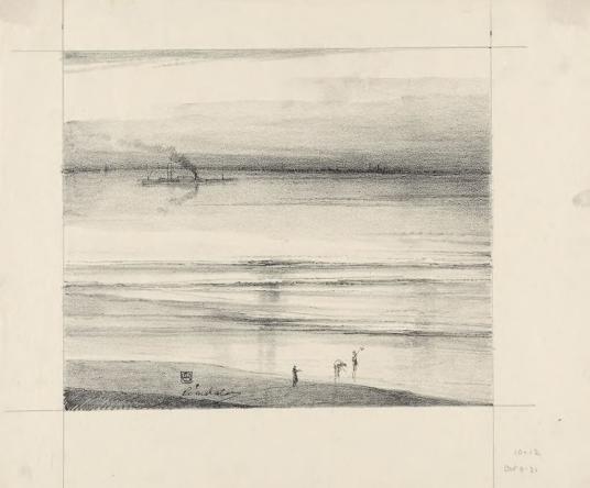 "Beach Scene" a black and white sketch drawing.